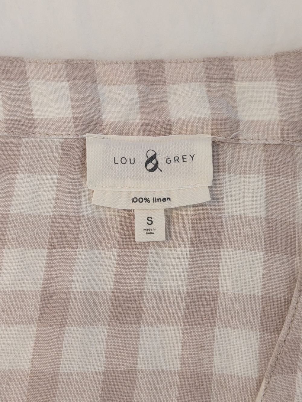 Lou & Grey Gingham Linen Shift Dress Cap Sleeves Casual Summer Cream Brown Small - Picture 11 of 13